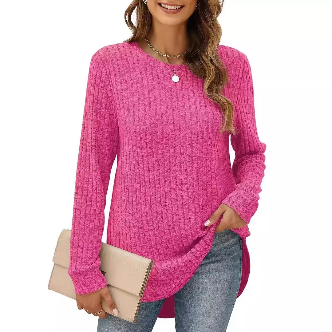Churchf Churchf And Winter 2024 New Square Collar Pit Strip Solid Color Long-Sleeved Loose T-Shirt Top