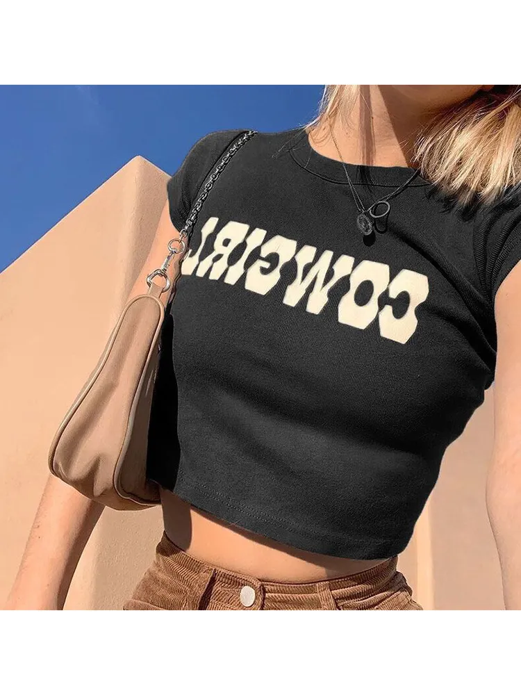 Churchf Churchf Women's Ins Wind Spring 2024 New Women's Round Collar Short Tight Letter Print T-Shirt