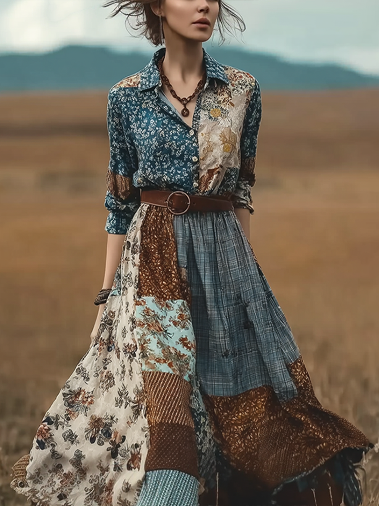 Retro Patchwork Plant Flower Design Women's Dress elevenforest
