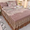 3pcs Retro Ice Silk Bed Skirt Set with Ruffle Wedding Bedspread Mattress Cover with 2 Pillowcases Machine Washable Elegant Home Decoration