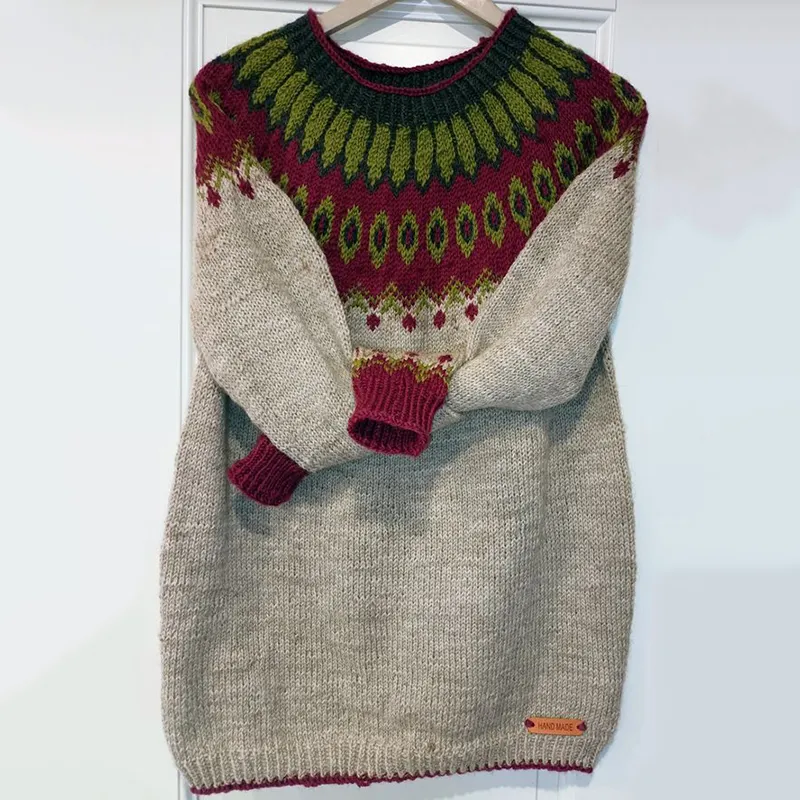 Unisex Vintage Icelandic Contrasting Colors Knit Jacquard Warmth Crew Neck Sweater