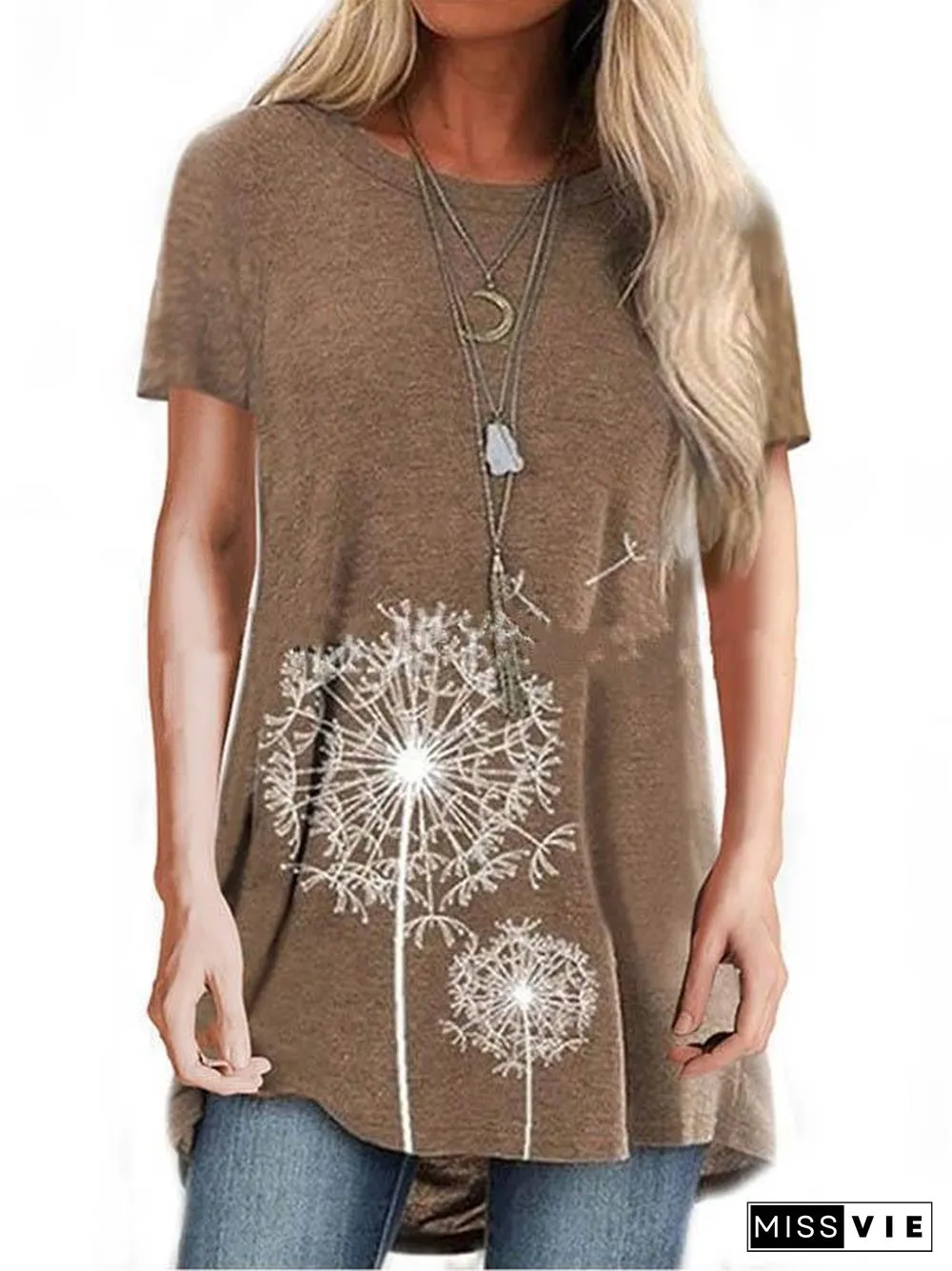 Women Short Sleeve Round Neck Top Floral Printed T-shirt