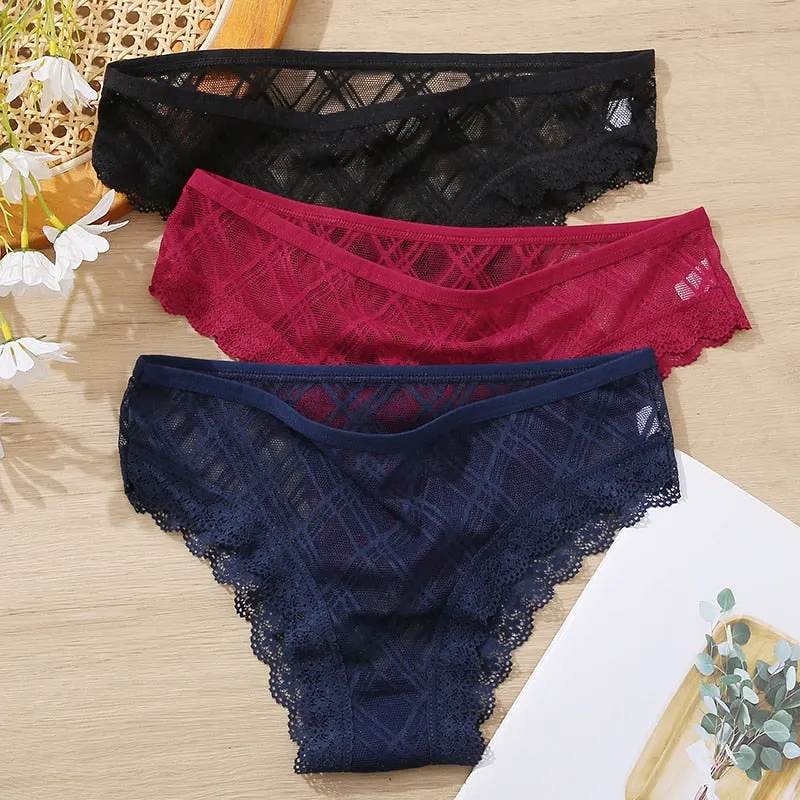 FINETOO M-2XL Sexy Lace Panties Women 3Pcs/set Low Waist Lattice Underwear Ladies Transparent Panty Female Underpants Lingerie