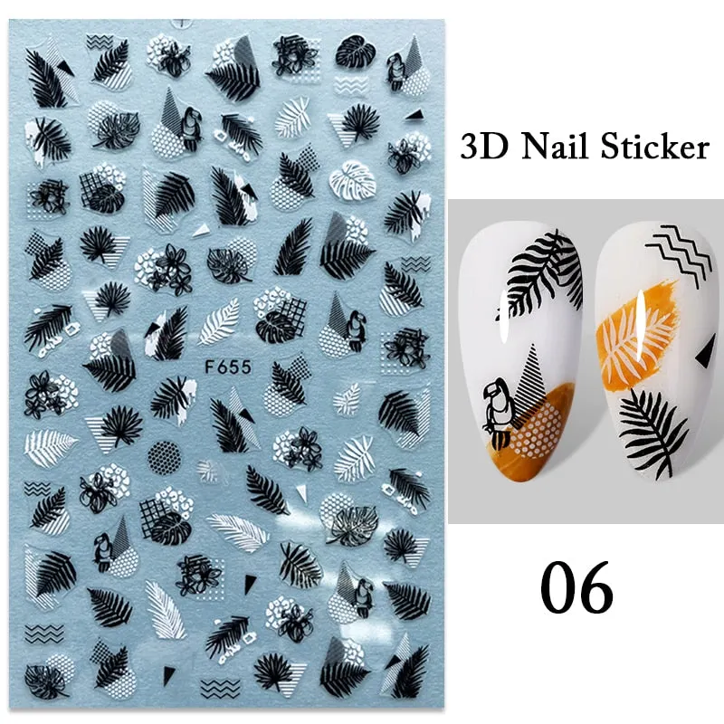 1PC iridescent Gold Black White 3D Nail Sticker Leaves Geometric Tropical Beach Decals DIY Slider Decoration Manicures-Nail Inspo