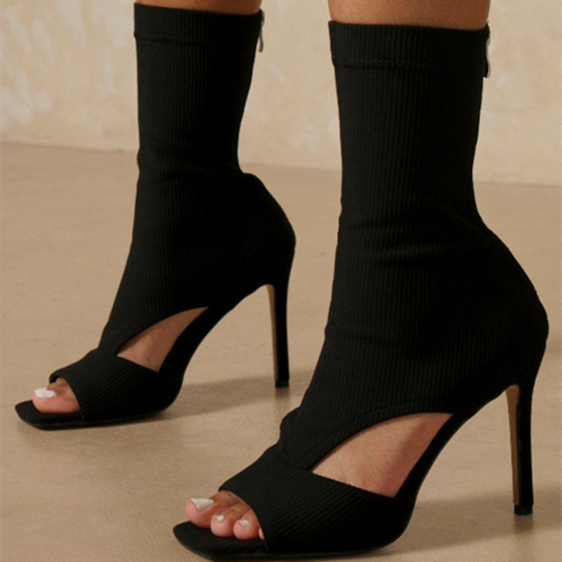 GOOSHOE Skintight Knitting Upper Short Booty For Women Hollow Stretch Peep Toe Ankle Boots High Heel Sock Boots Size 43