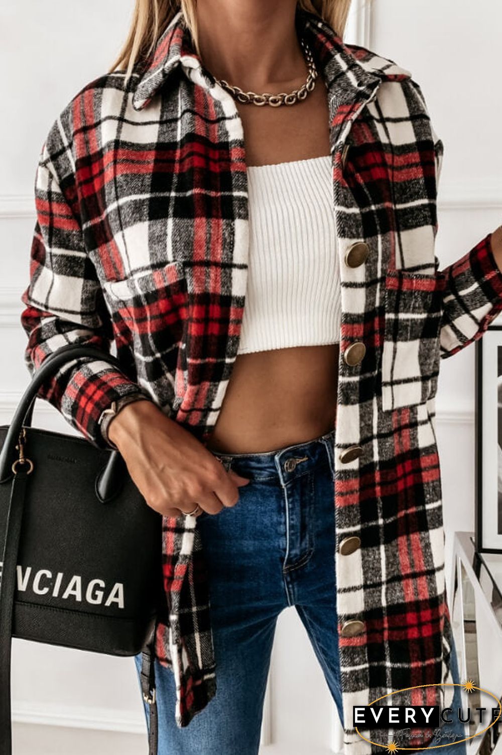 Fashion Casual Plaid Splicing Button Pocket Shirt