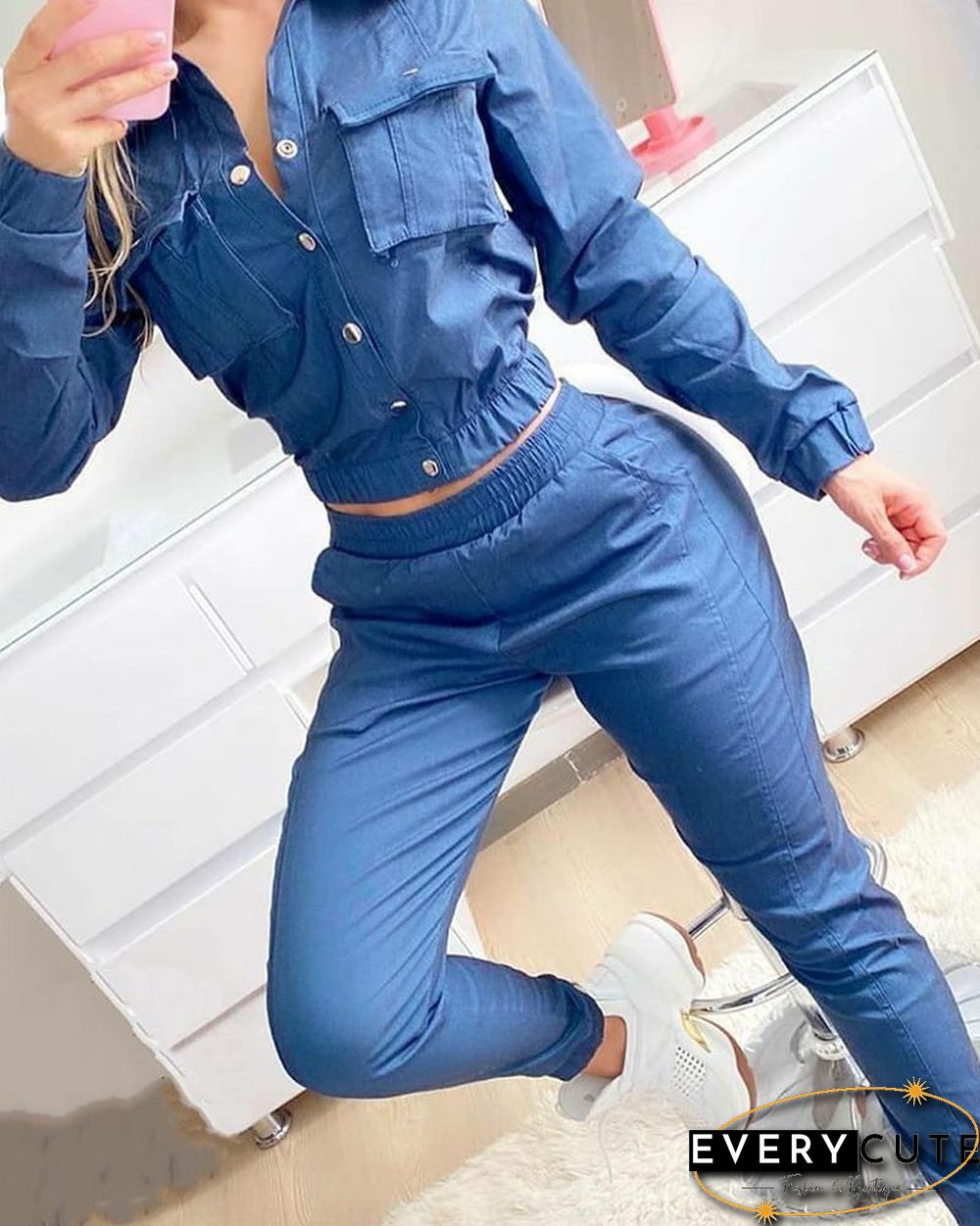 Solid Long Sleeve Fitting Denim Suit Sets P15183