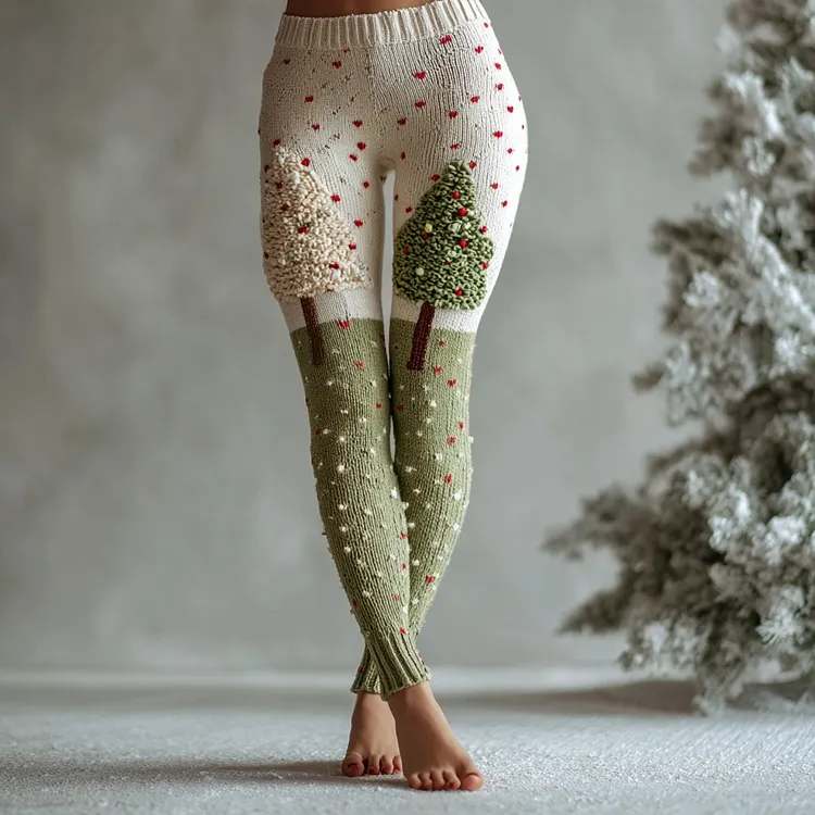 Vintage Christmas Tree Embroidered Cozy Knit Leggings