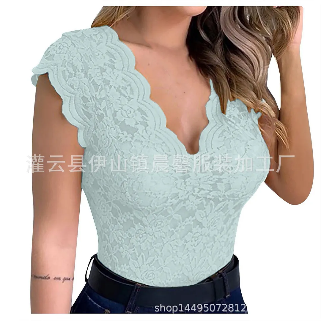 Churchf 2024Wish New Lace Lace T-Shirt T-Shirt Blouse Rose Straight Close Sexy Pajamas
