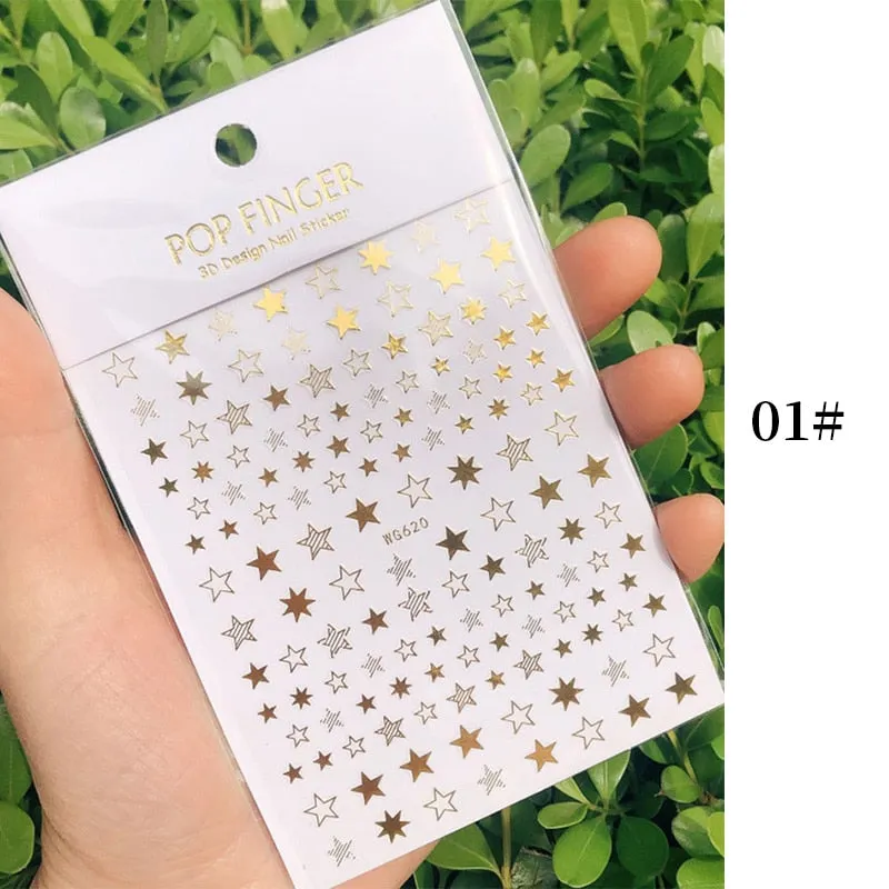 Star Nail Art 3D Stickers Black White Gold Love Hearts Pattern Nail Decals Manicures Nails Design Adhesive Wraps Tip Decoration