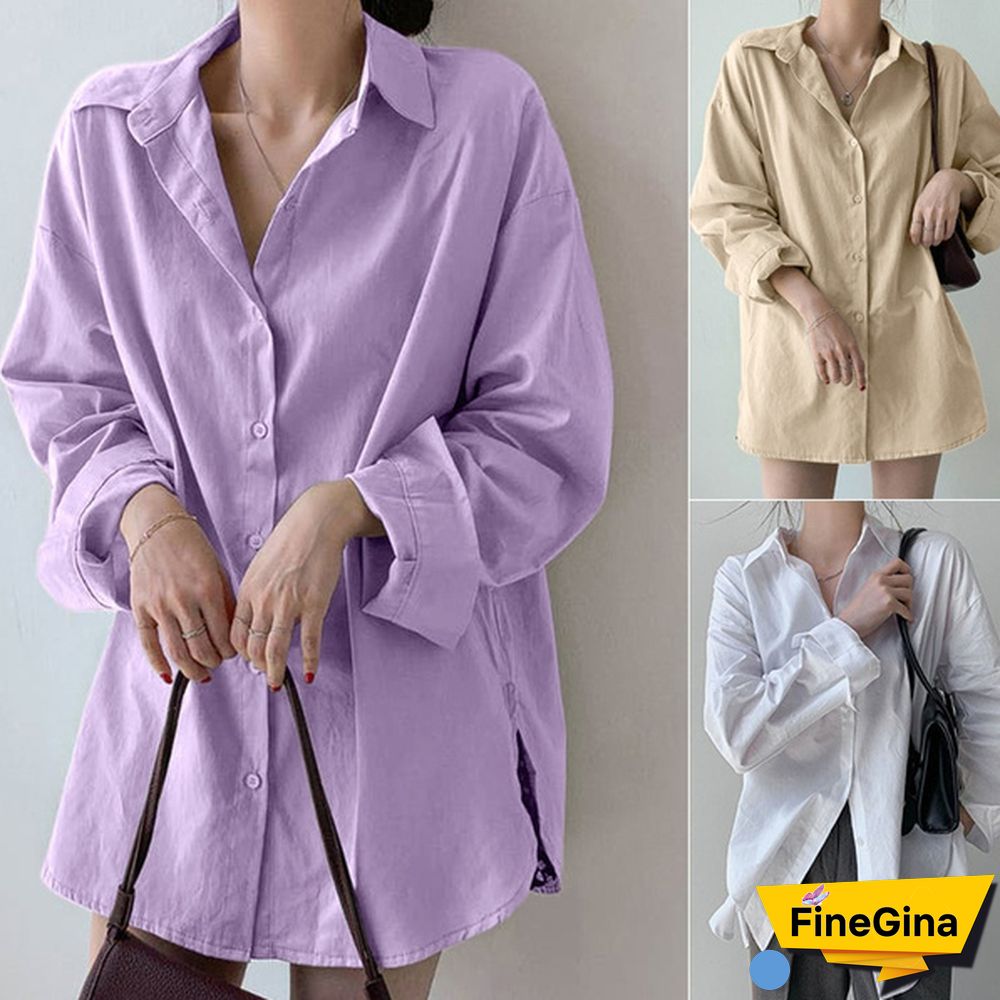 Women Drop Shoulder Long Sleeve Shirt Side Slit Oversized Shirt Casual Blouse