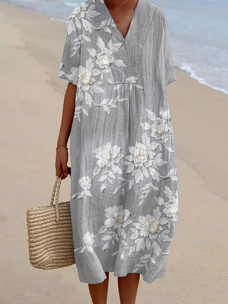 Classy Roses Floral Embroidered Lace Linen Blend Dress artswardrobe