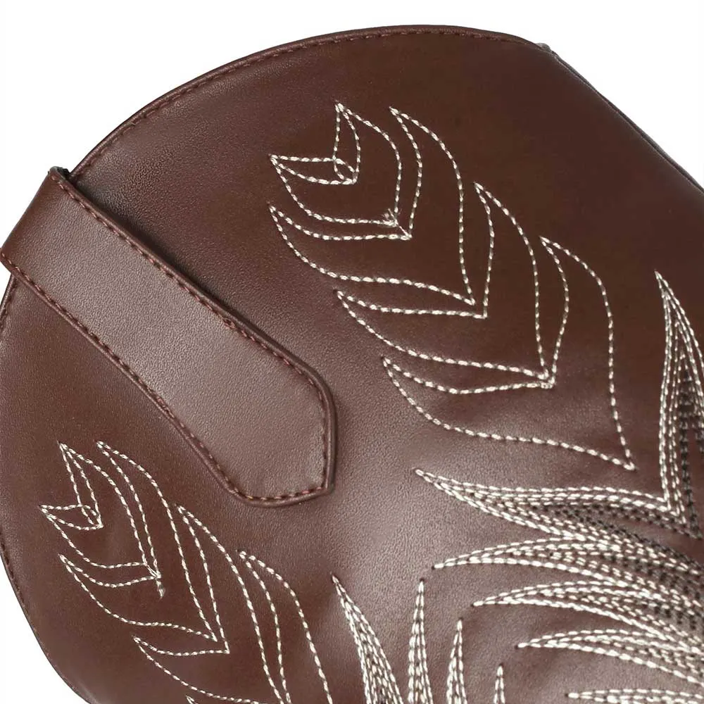 Chic Brown Faux Leather Snip Toe Stitching Pull On Cowgirl Boots