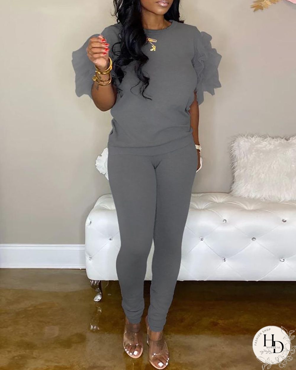 Ruffles Solid Casual Top & Pant Sets