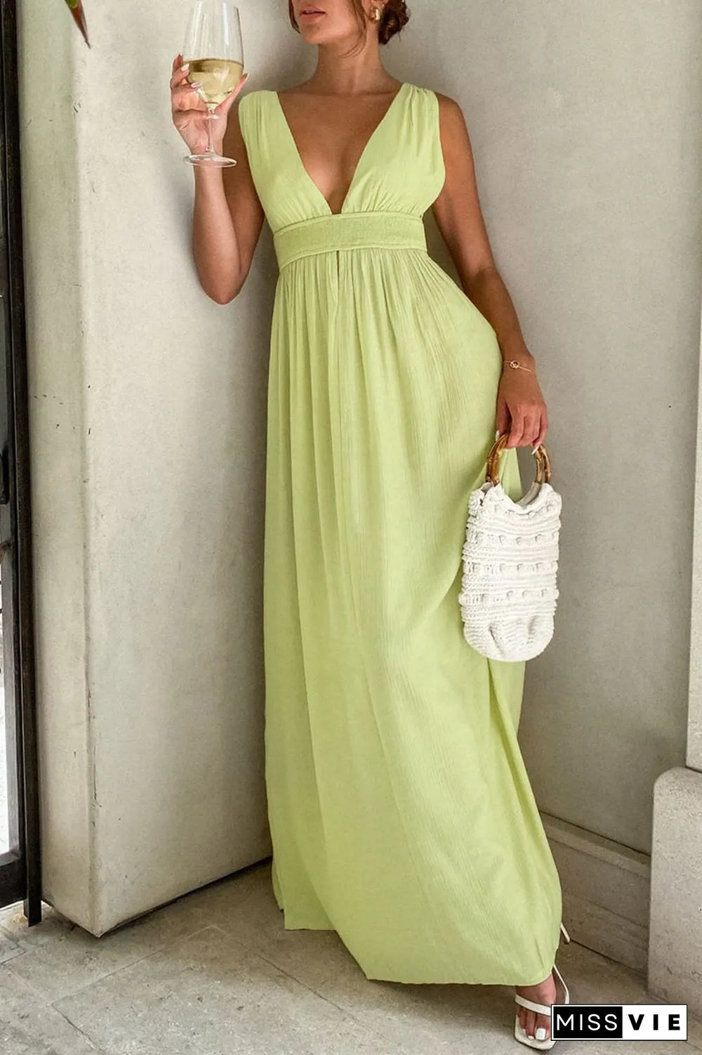 Sexy Vacation Solid High Opening Fold V Neck Beach Dress Dresses
