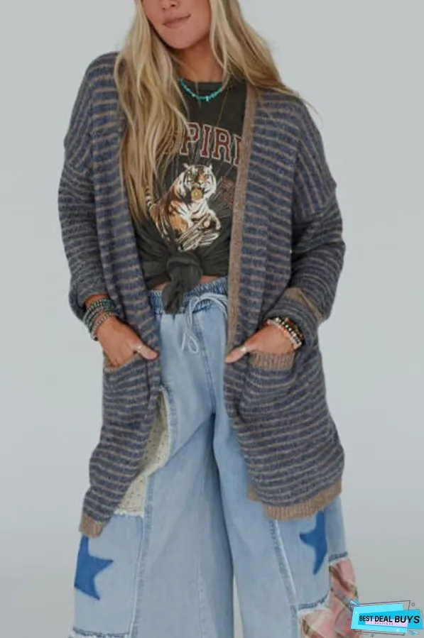 Fashion Contrast Striped Loose Long-sleeved Mid-length Knitted Cardigan