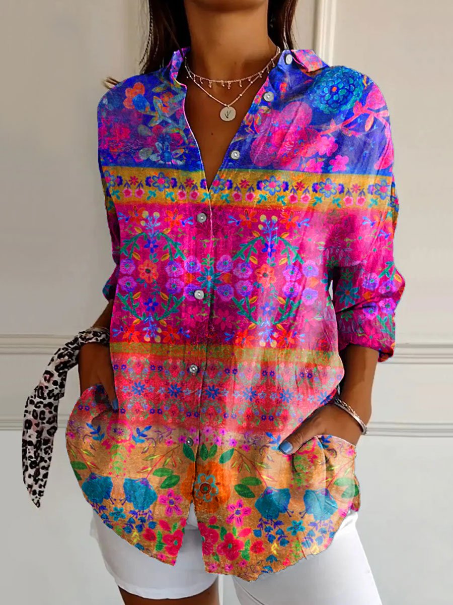 Women's Vintage Flower Art Print Casual Cotton Shirt
