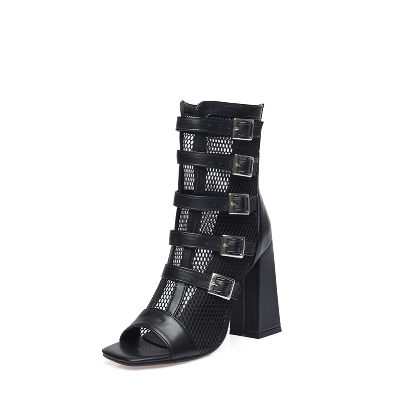 GOOSHOE Mesh Panel PU Hollow Peep Toe Short Boots Five-Breasted High Thick Heel Ankle Boots