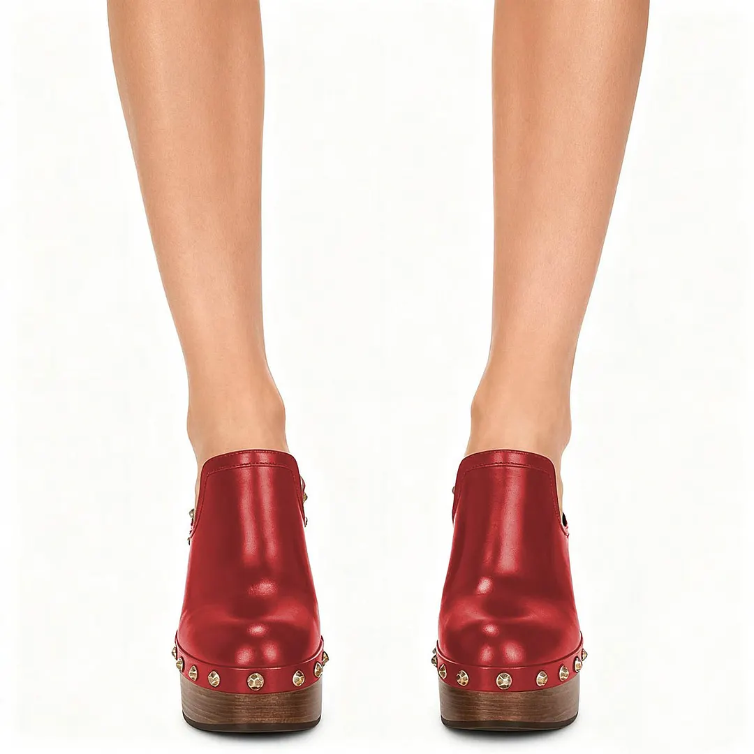 Red Round Toe Platform Chunky High Heel Studded Women's Mules Shoes