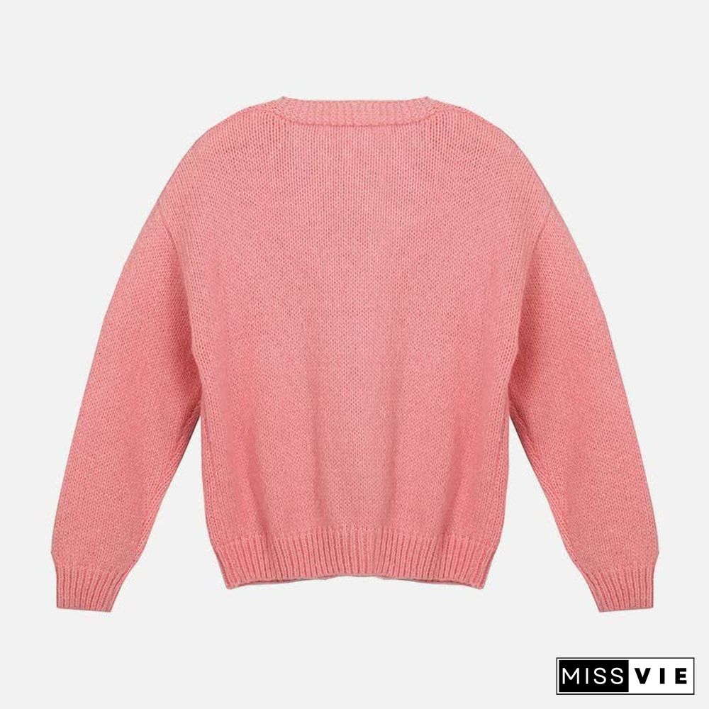 Cartoon Bunny Embroidery V-neck Knit Cardigan Sweater
