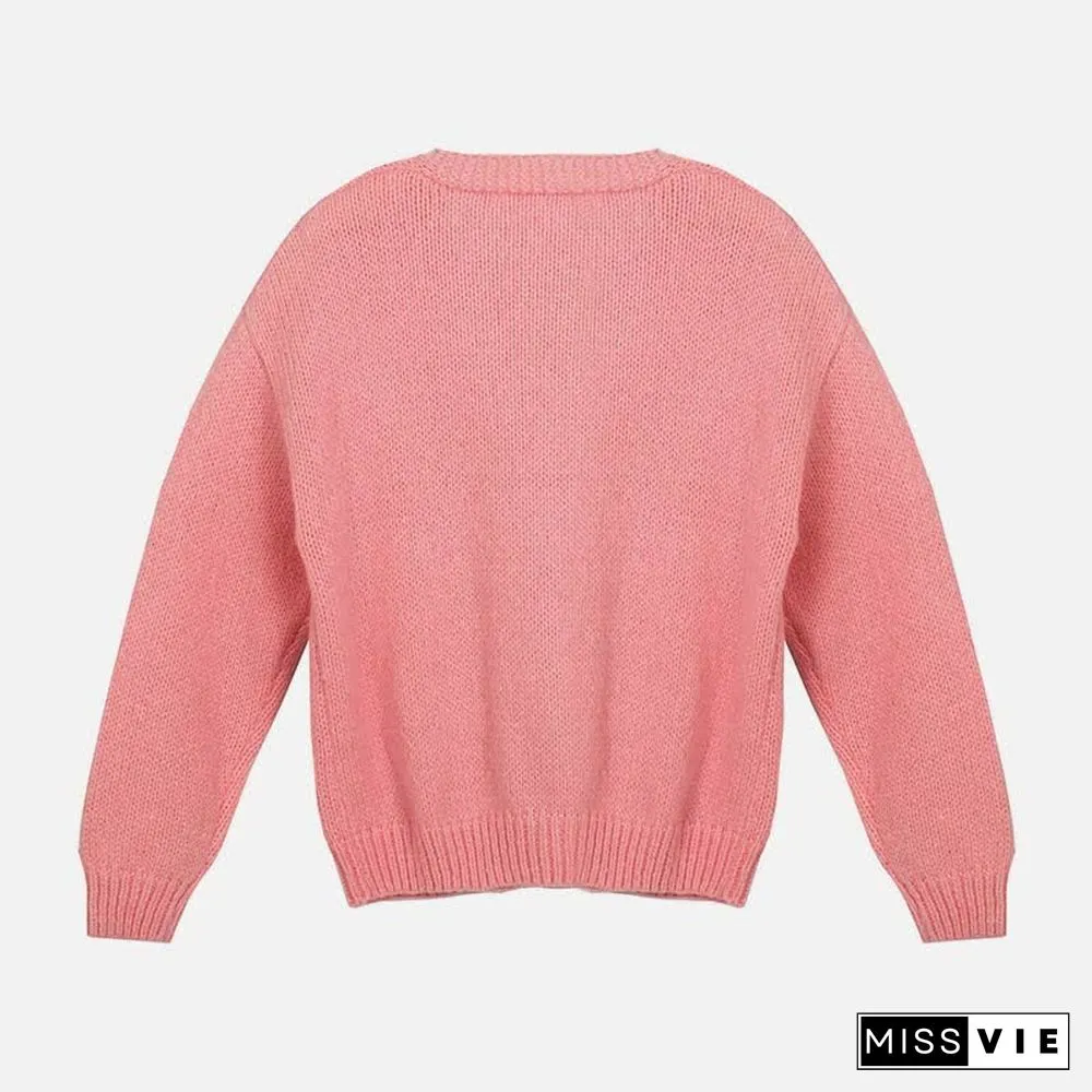 Cartoon Bunny Embroidery V-neck Knit Cardigan Sweater