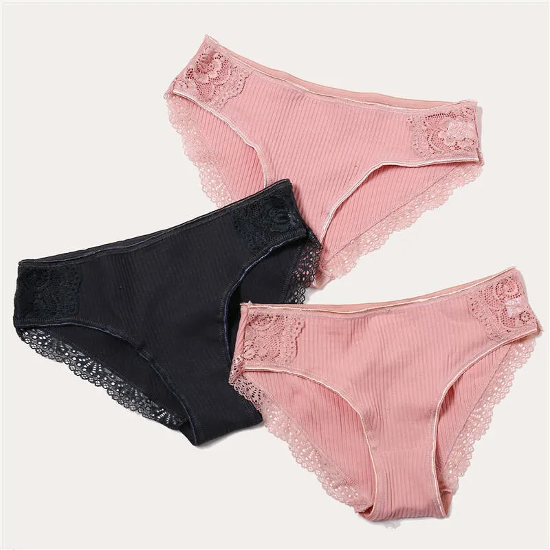 3PCS/Set 6 Color Women Panties Cotton Lace Briefs Solid Color for Female Striped Sexy Cotton Underwear Lingerie Low Waist Flower