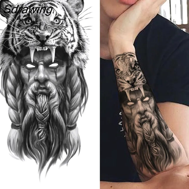 Sdrawing Tiger Temporary Tattoos For Men Women Kids Lion Skull Cross Tattoo Sticker Black Compass Skeleton Tatoos Leg Thigh 328-0