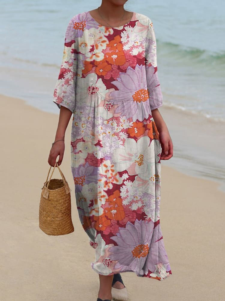 Women's Retro Assorted Floral Print Pocket Cotton Dress