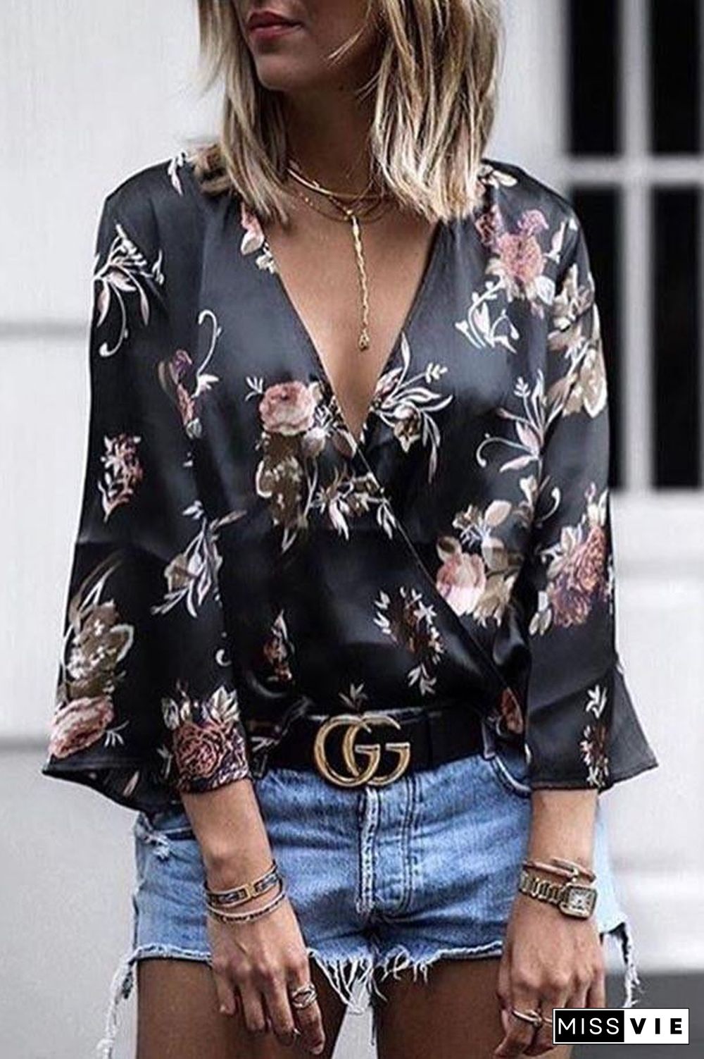Deep V-Neck Flare Sleeve Print Top