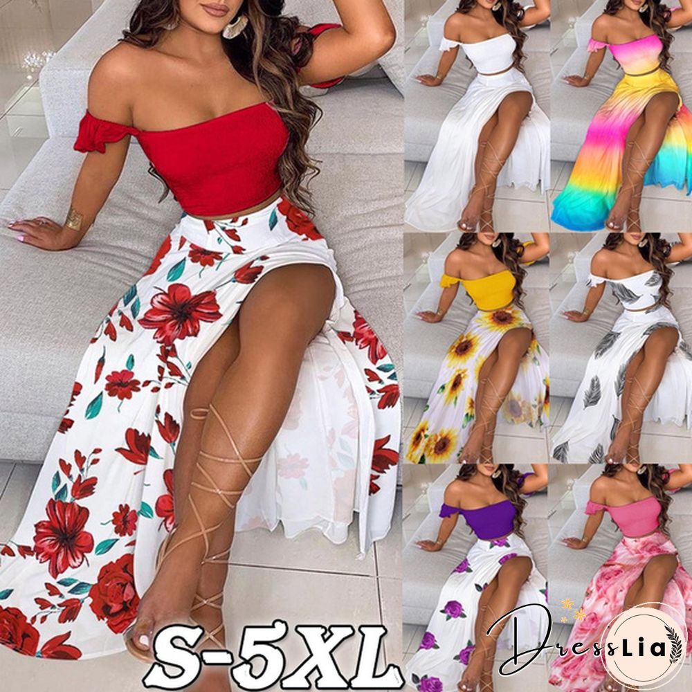 New Women's Sexy Tube Top Print Dress Split Long Skirt Summer Off-Shoulder Beach Dress Mini Skirt Set Plus Size