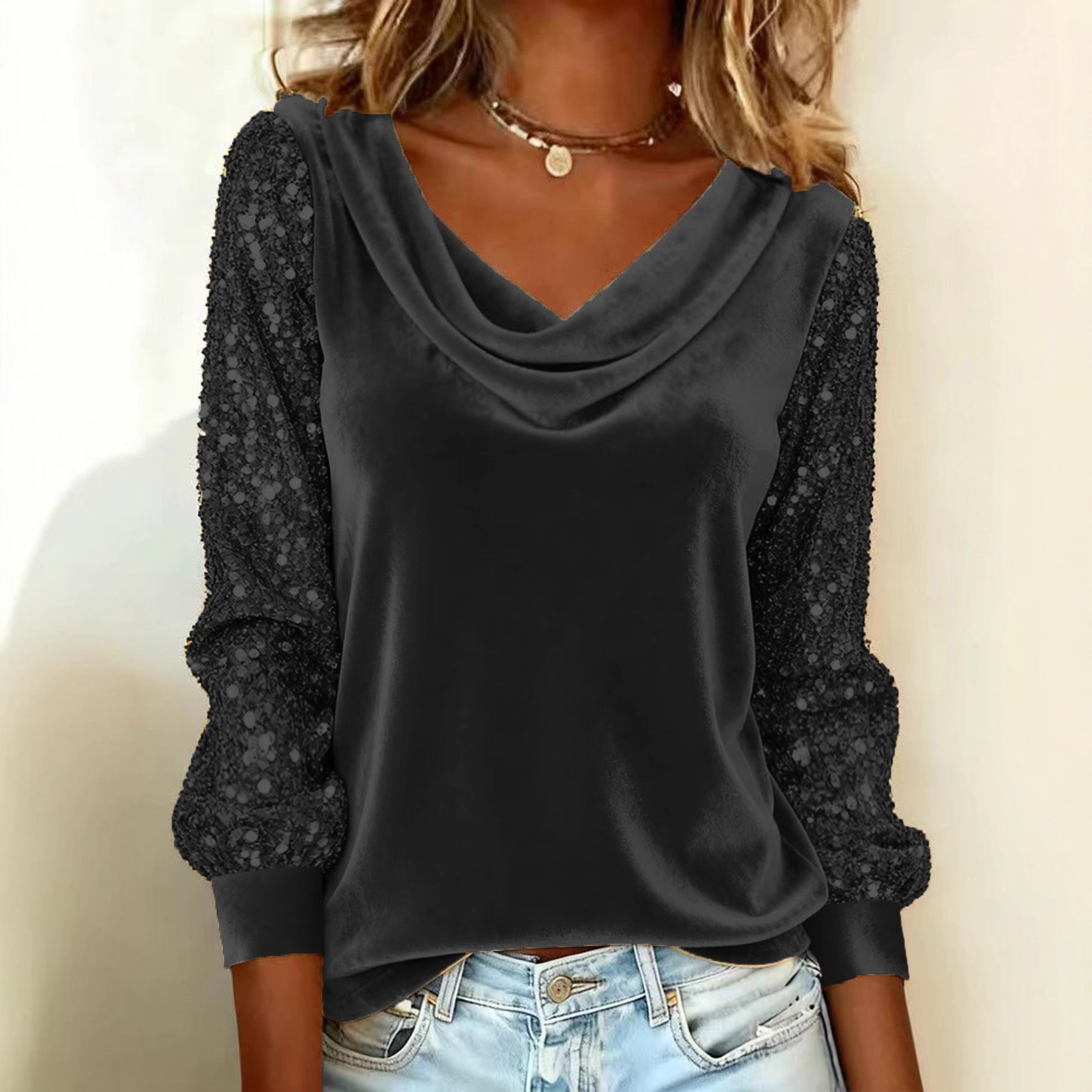 Comstylish Women's Velvet Stacked Collar Sequined Patchwork Long Sleeved T-shirt