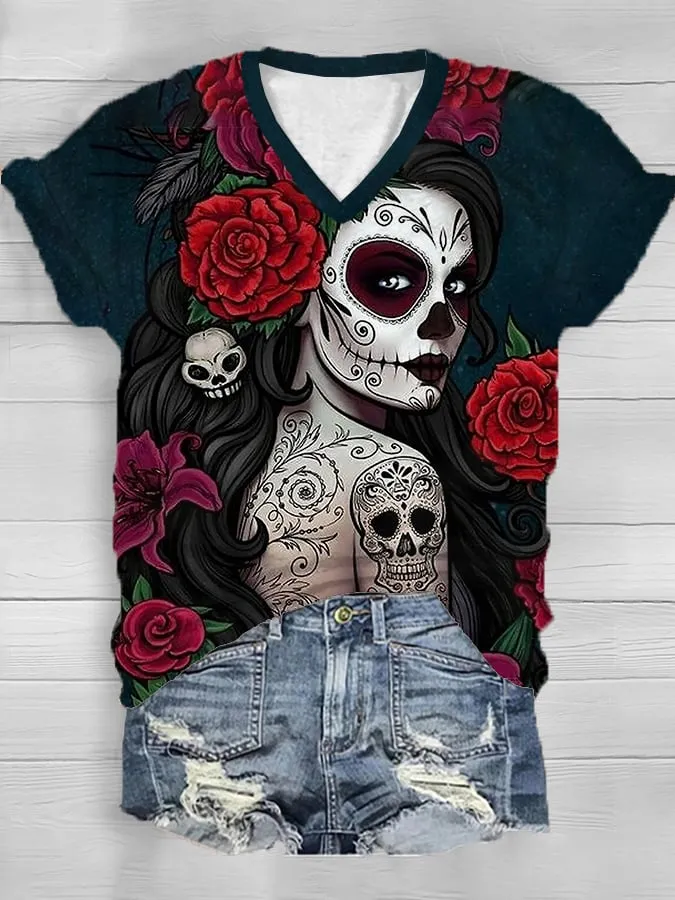 Women's Diamond Skull Makeup V-Neck Tee