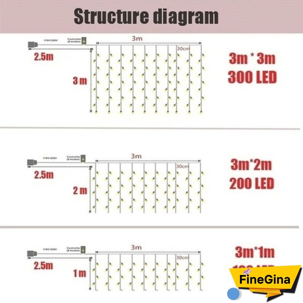 300LED Curtain String Lights 8 Modes with Remote Control Waterproof Fairy Lights Wedding Party Room Christmas Decoration Lights USB Powered