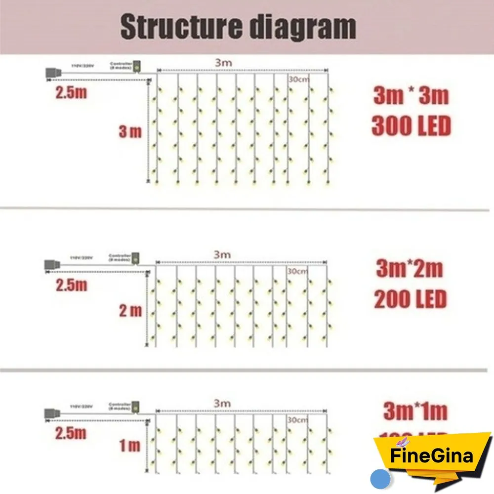300LED Curtain String Lights 8 Modes with Remote Control Waterproof Fairy Lights Wedding Party Room Christmas Decoration Lights USB Powered