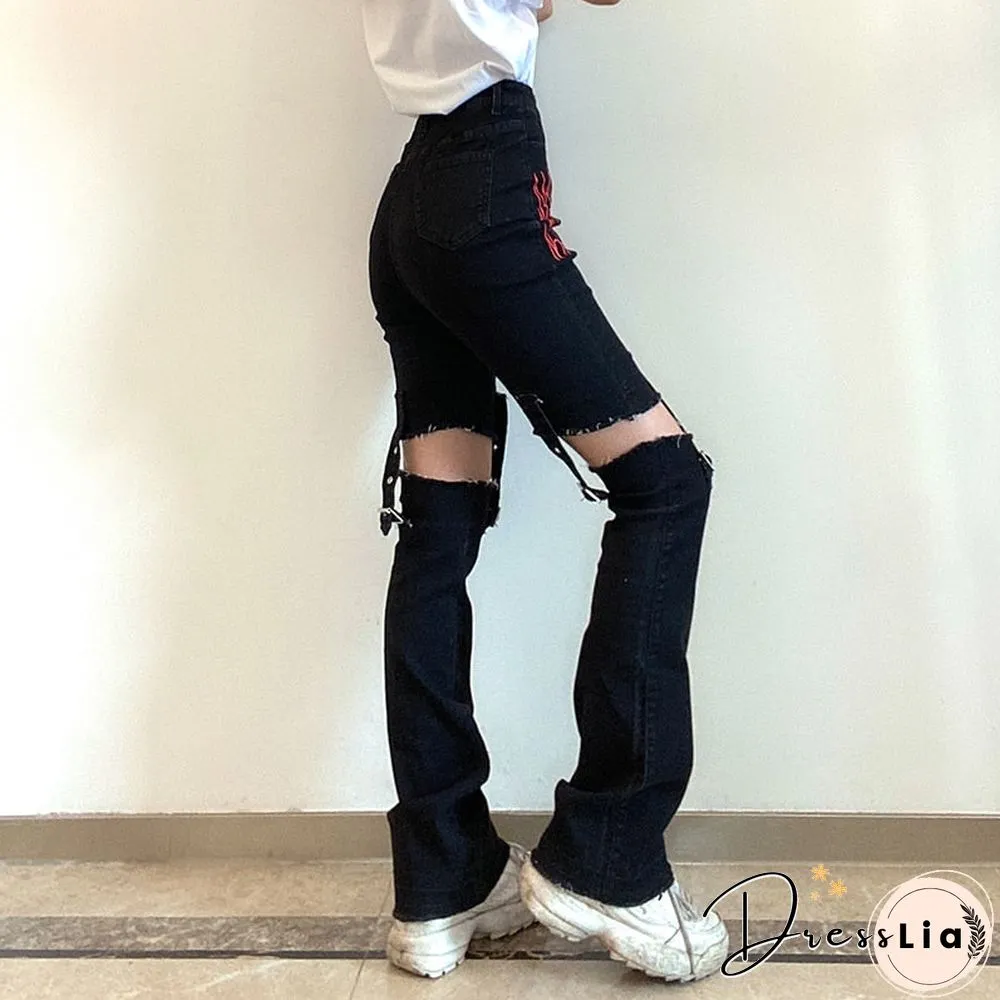 Weekeep Gothic Print Cut Out Blcak Jeans Women High Waist Denim Long Pants Summer Vintage 90S Harajuku Streetwear Punk Trousers