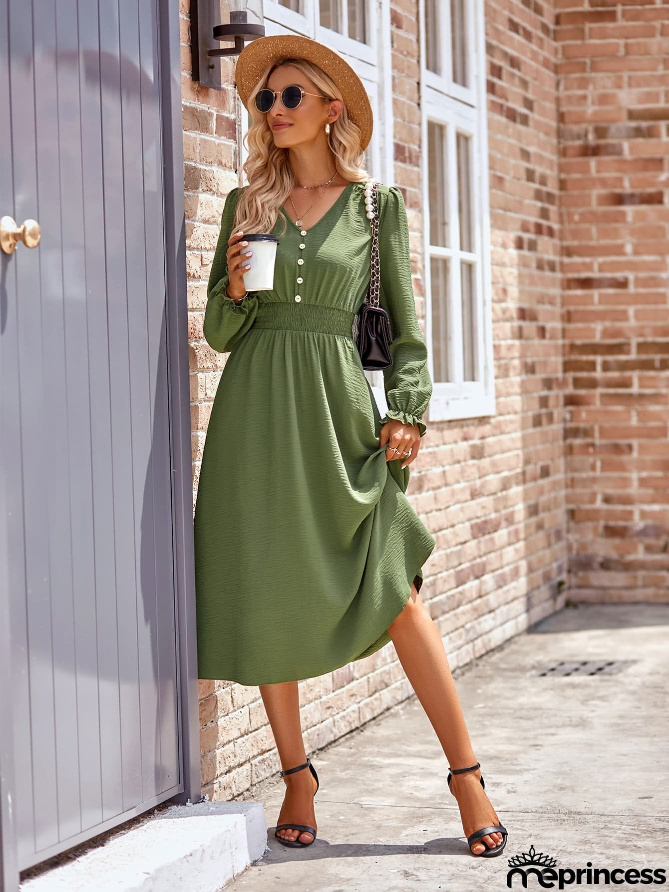 Buttoned V-Neck Flounce Sleeve Midi Dress