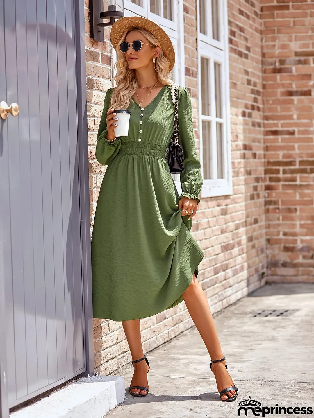Buttoned V-Neck Flounce Sleeve Midi Dress