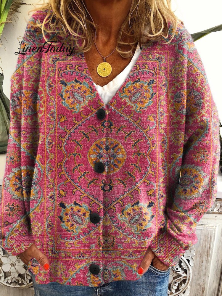 Women&rsquo;s Retro Flowers Totem Print Buttoned V-Neck Cardigan Sweater Multicolor / S