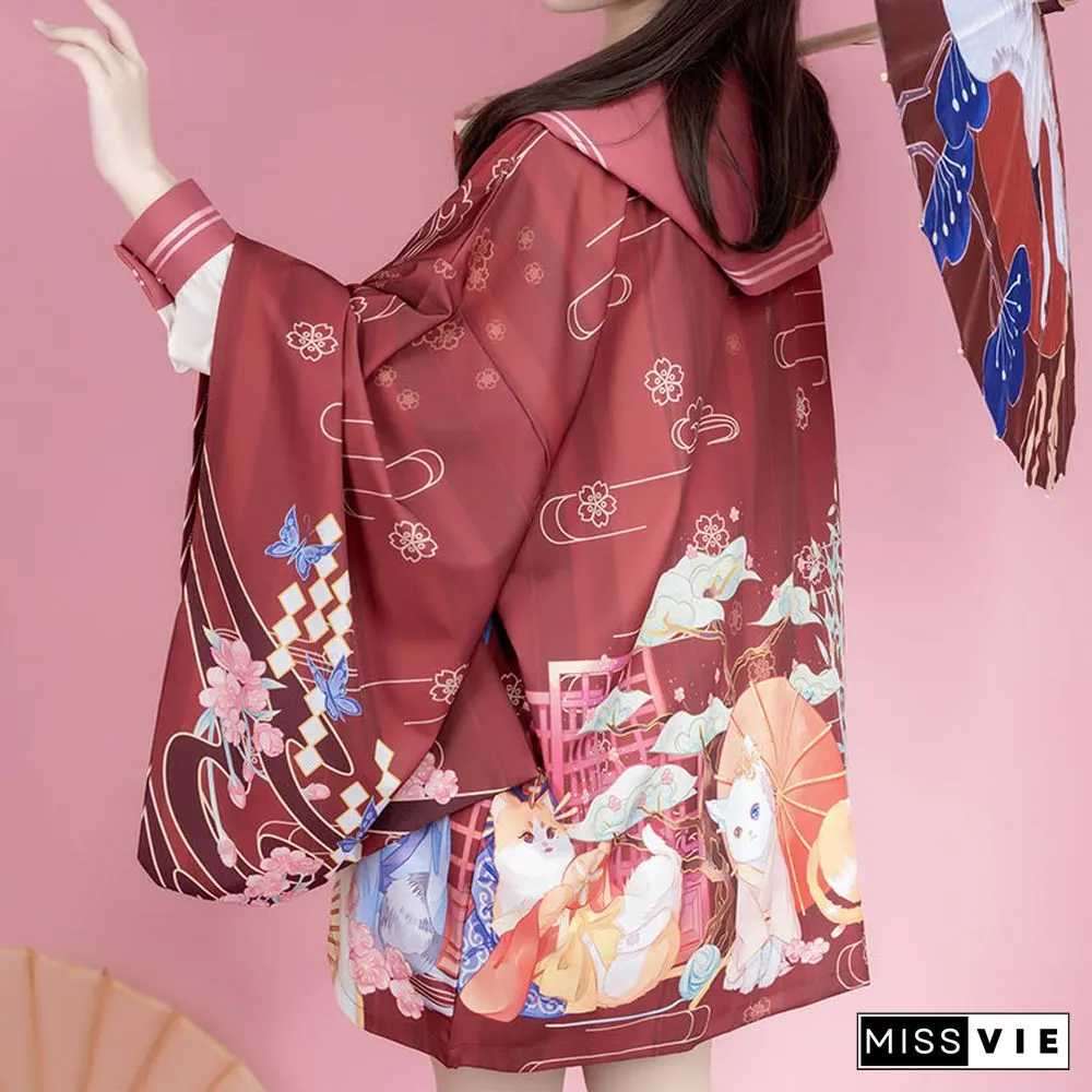 Cartoon Cat Print Loose Cardigan Kimono Outerwear
