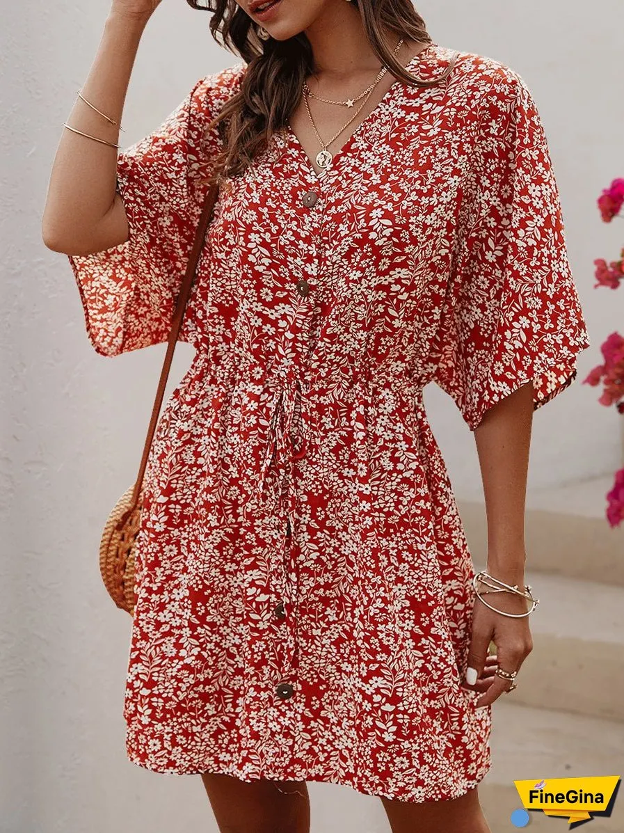 V-Neck Single-Breasted Button Printed Pattern Floral Mini Dress