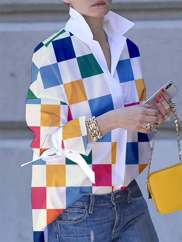 Buttoned Contrast Color Plaid Tied Long Sleeves Loose Stand Collar Blouses&Shirts Tops