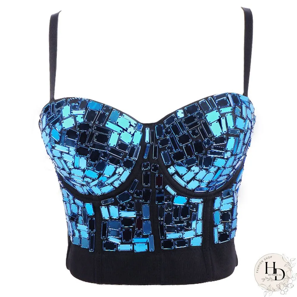 Women Holographic Rainbow Sequins Bustier Bra Spaghetti Strap Corset Camisole Reflective Bralette Crop Top Women Corset Clubwear