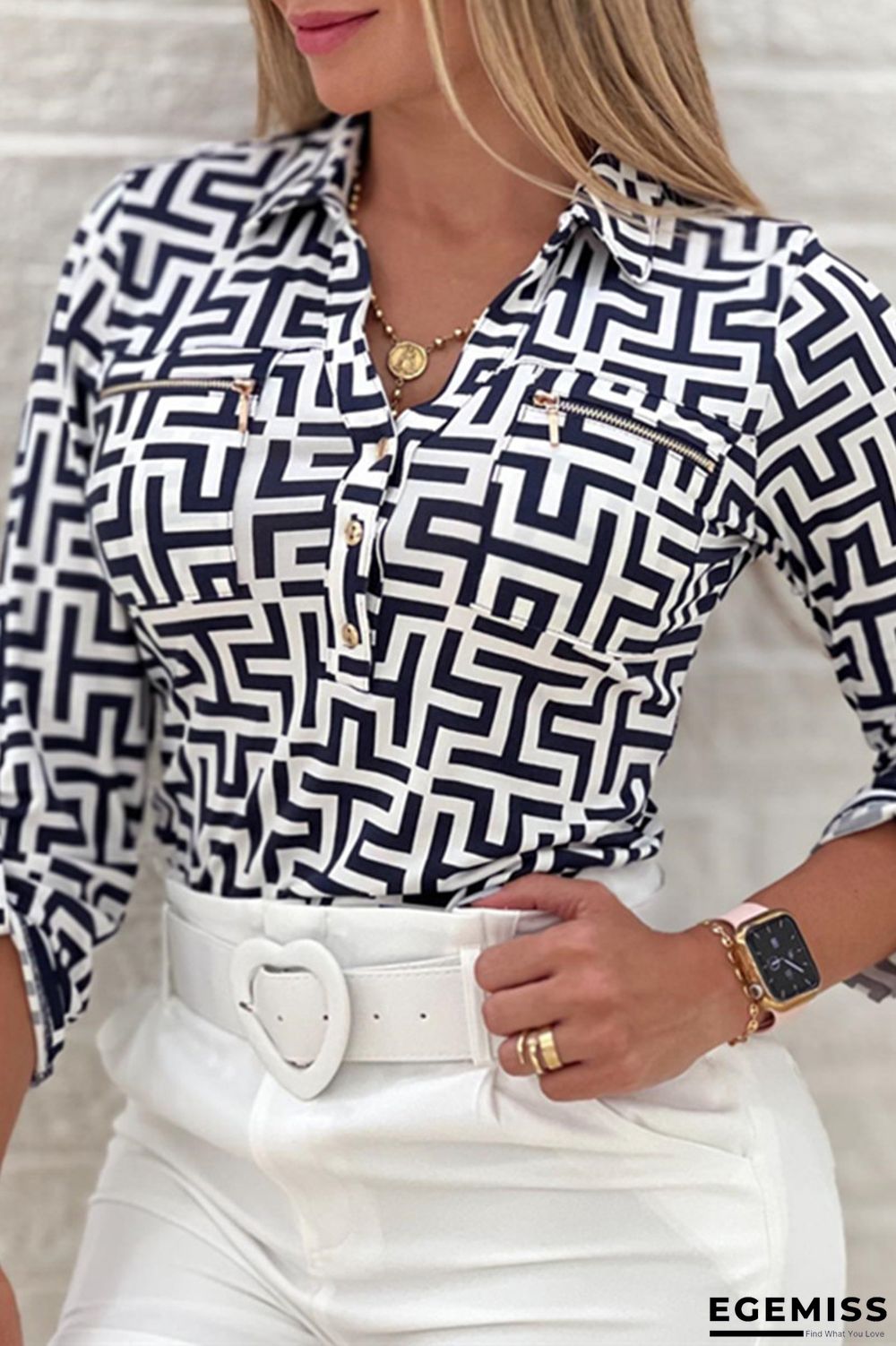 Black Casual Print Patchwork Turndown Collar Tops | EGEMISS