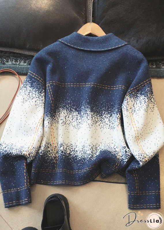 Gradient Color Blue Square Collar Button Wool Knit Coats Long Sleeve