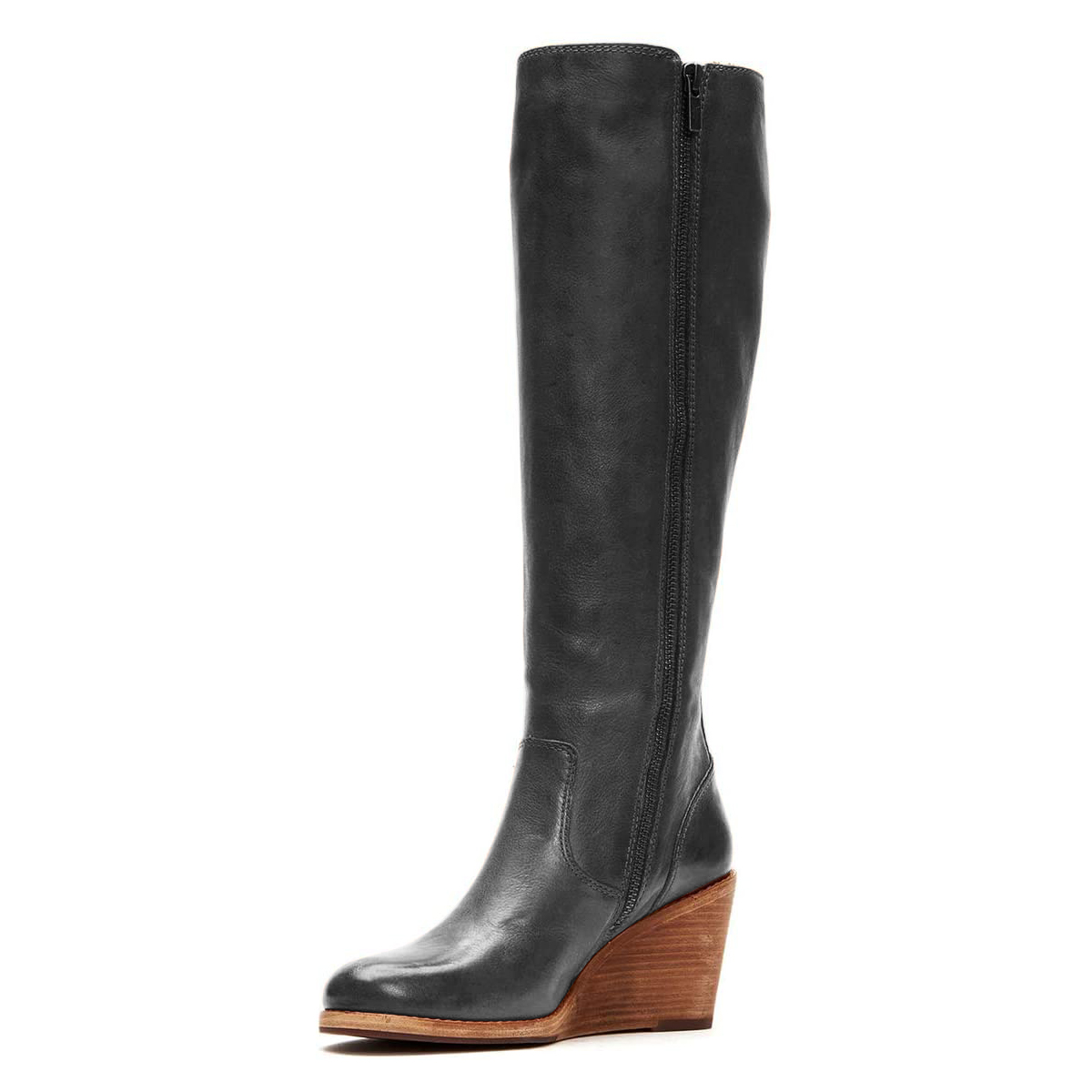 Classic Black Round Toe Side Zipper Knee High Wedge Boots Nicepairs