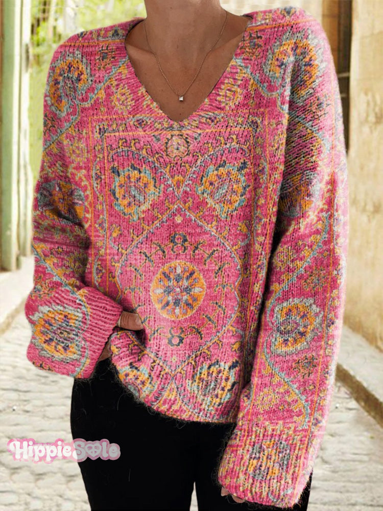 Women&rsquo;s Retro Floral Totem Print Casual V-Neck Pullover Knit Multicolor / M