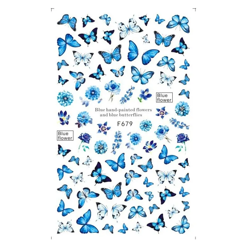 1pc Holographic Blue Nail Stickers Pink Colorful Butterfly Art Sticker With Adhesive DIY Extension Flowers Rose Nail Decoration-Nail Inspo