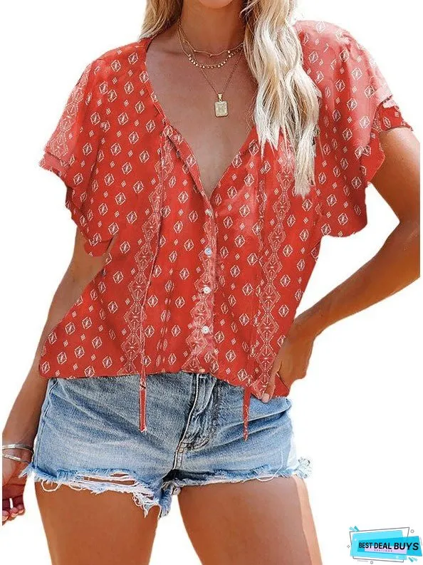 V-neck Half-placket Short-sleeved Loose Casual Shirt