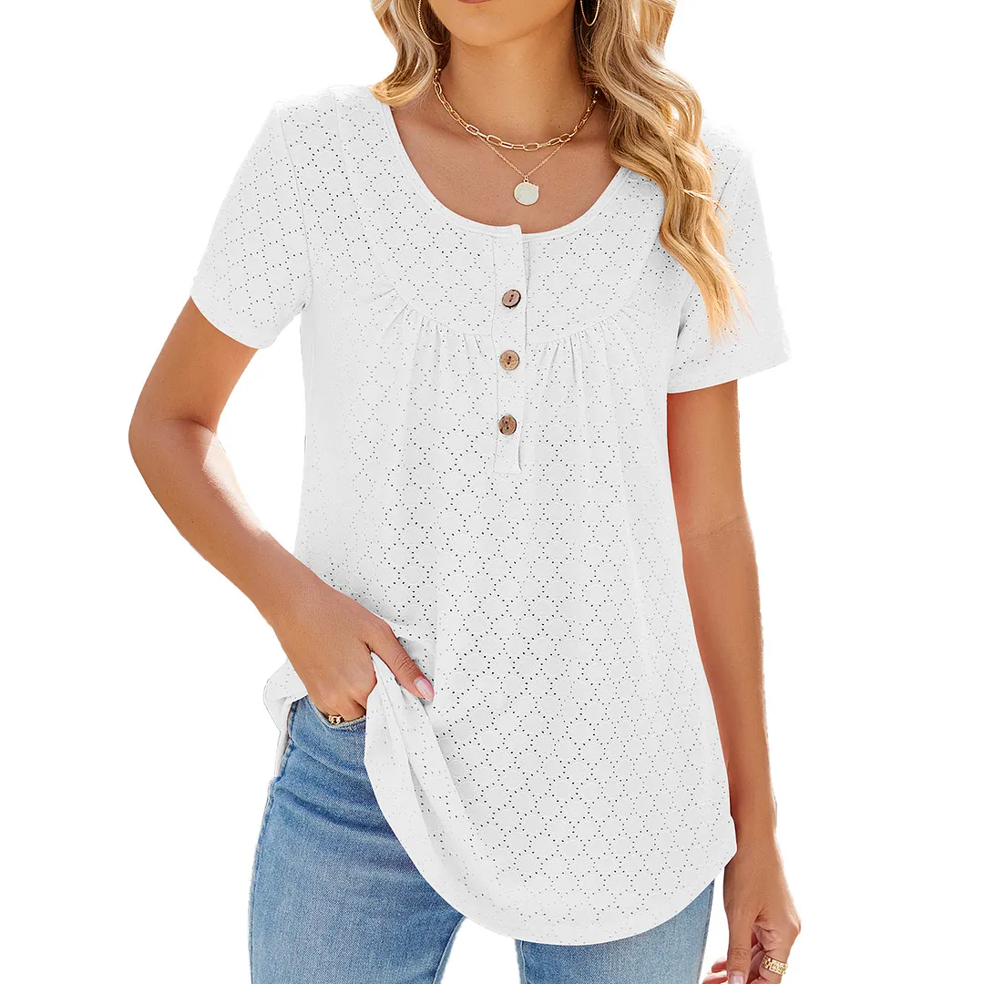Churchf Churchf 2024 New Circle Draw Pleated Button Short Sleeve Swallow-Tailed T-Shirt Top