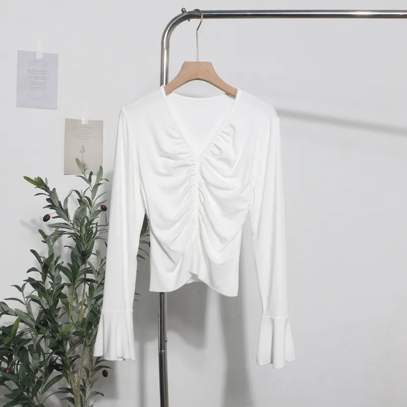 Churchf Real Shooting 2024 Autumn Dress Sexy V-Neck Folded Open Fork Short High-Waisted T-Shirt Horn Long Sleeve Bottom Top 161